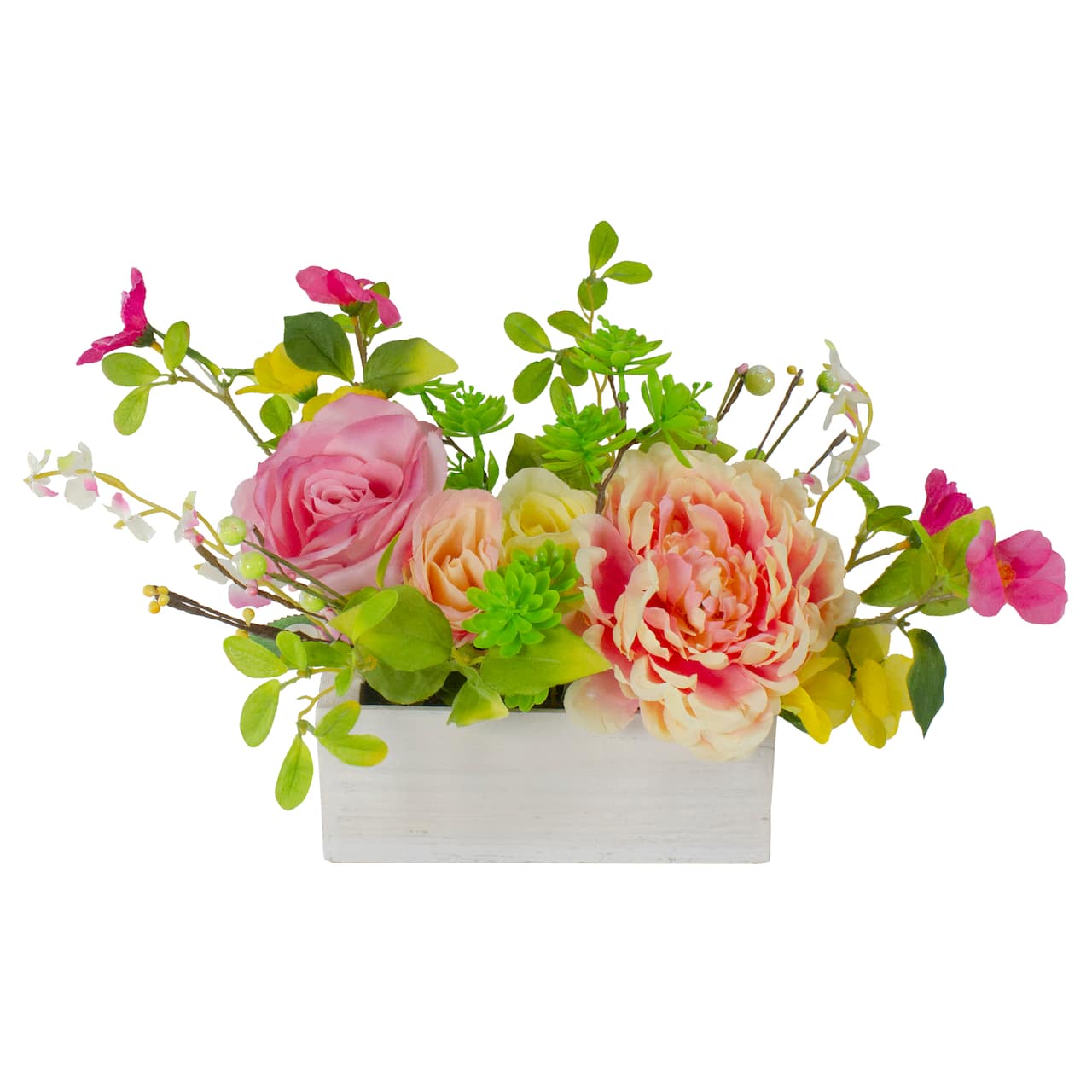 14'' Pink and Yellow Artificial Roses and Peony Floral Arrangement in Planter